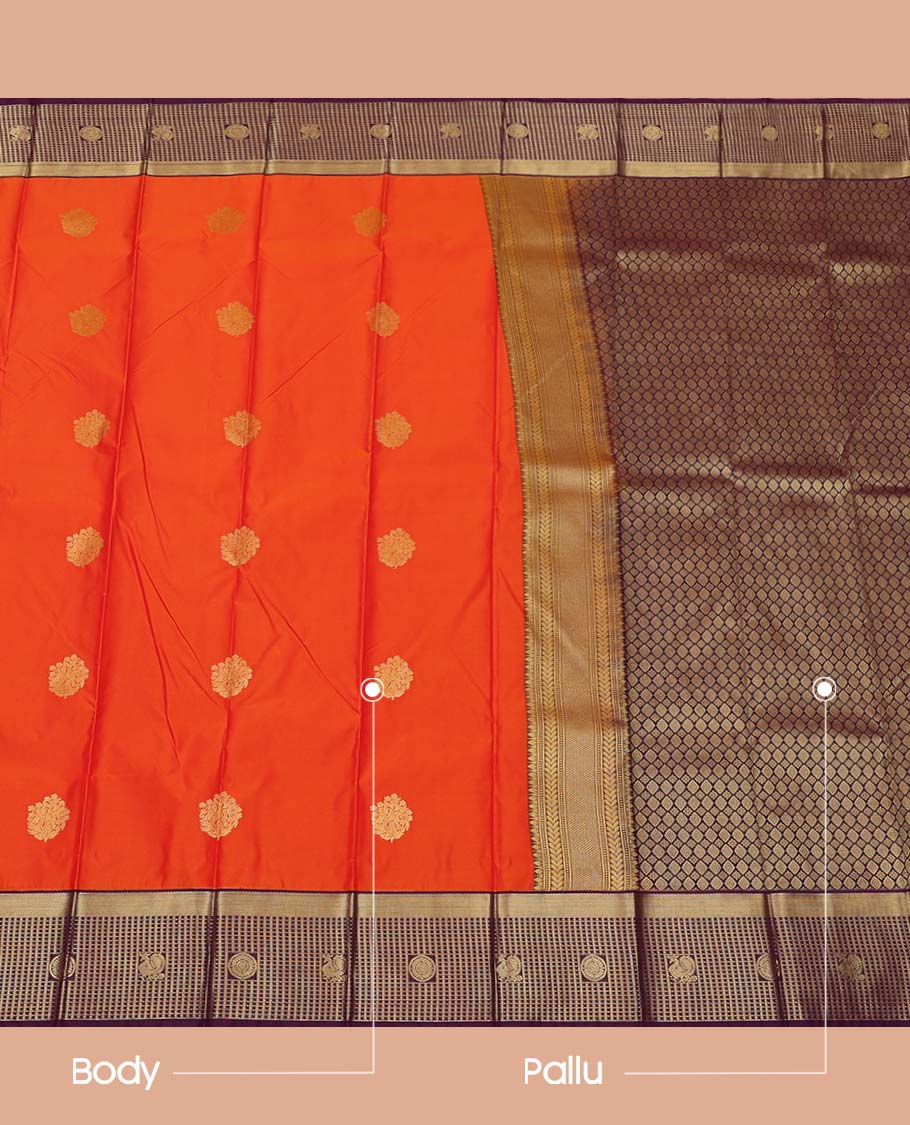 Orange Budget Silk Saree, Embellished with Zari Buttas All Over Its Body, Complemented by a Contrast Checked Zari Border of Peacock-Chakram Designs, Intricately Designed Pallu, and Paired with a Contrast Blouse