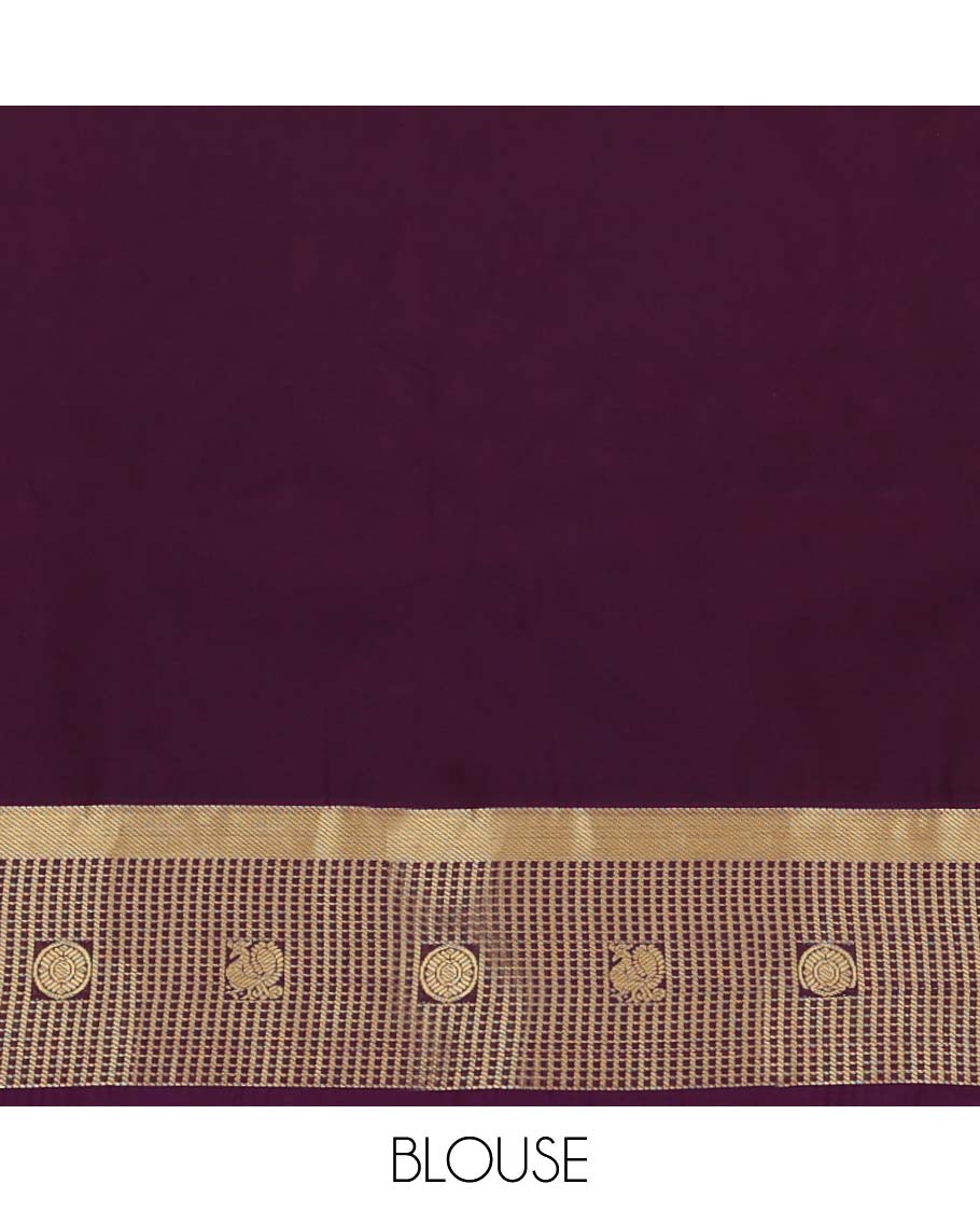 Orange Budget Silk Saree, Embellished with Zari Buttas All Over Its Body, Complemented by a Contrast Checked Zari Border of Peacock-Chakram Designs, Intricately Designed Pallu, and Paired with a Contrast Blouse