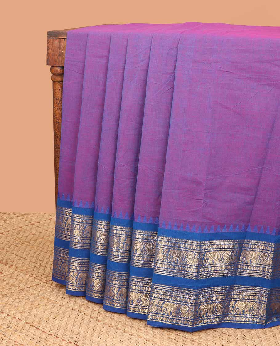Violet cotton saree with contrast traditional zari design border & striped pallu
