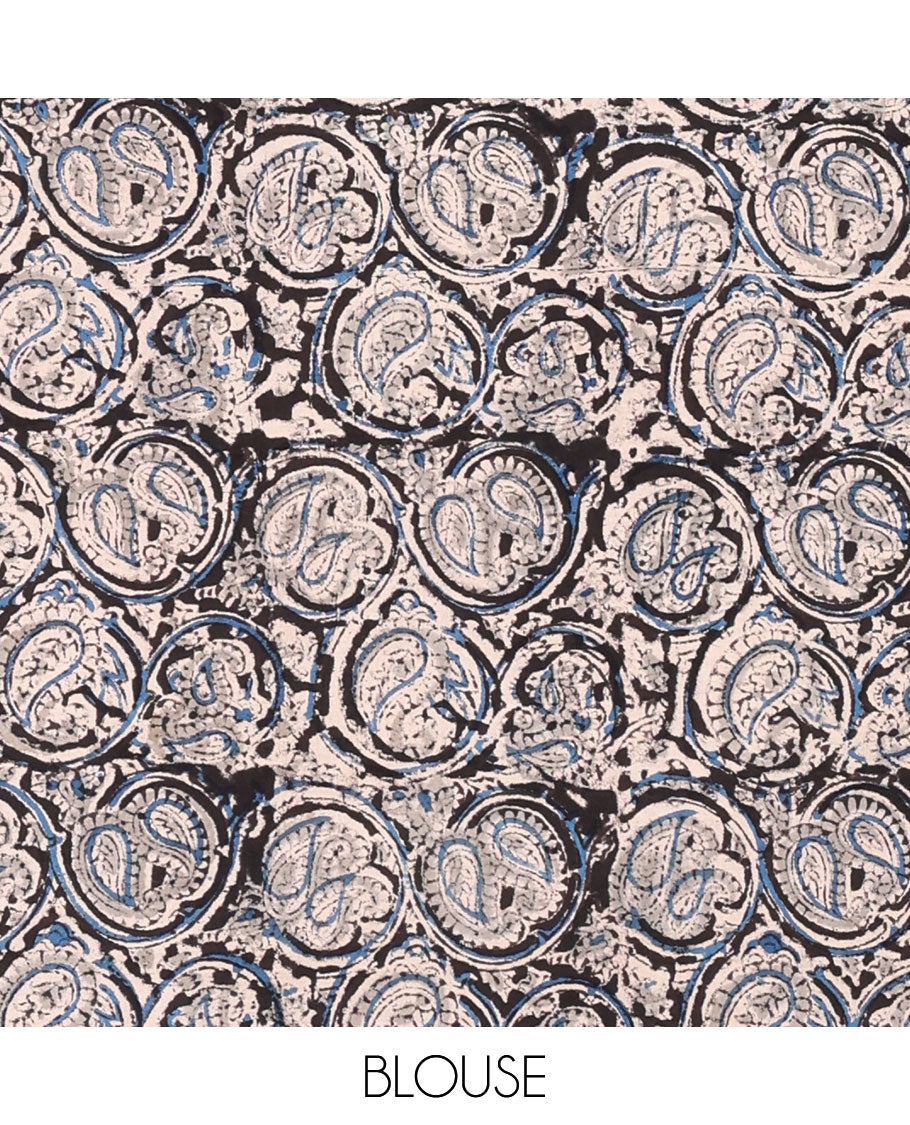 Borderless black mirror embroidered South cotton saree with a matching blouse and a kalamkari paisley vine printed blouse