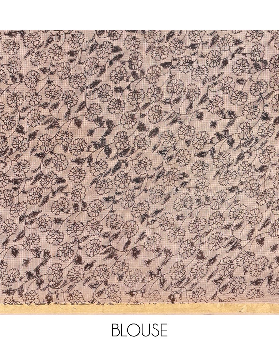 Purple kalamkari floral, peacock, and human figurines printed Kota cotton saree, contrast printed border, peacock printed pallu, and a contrast floral printed blouse