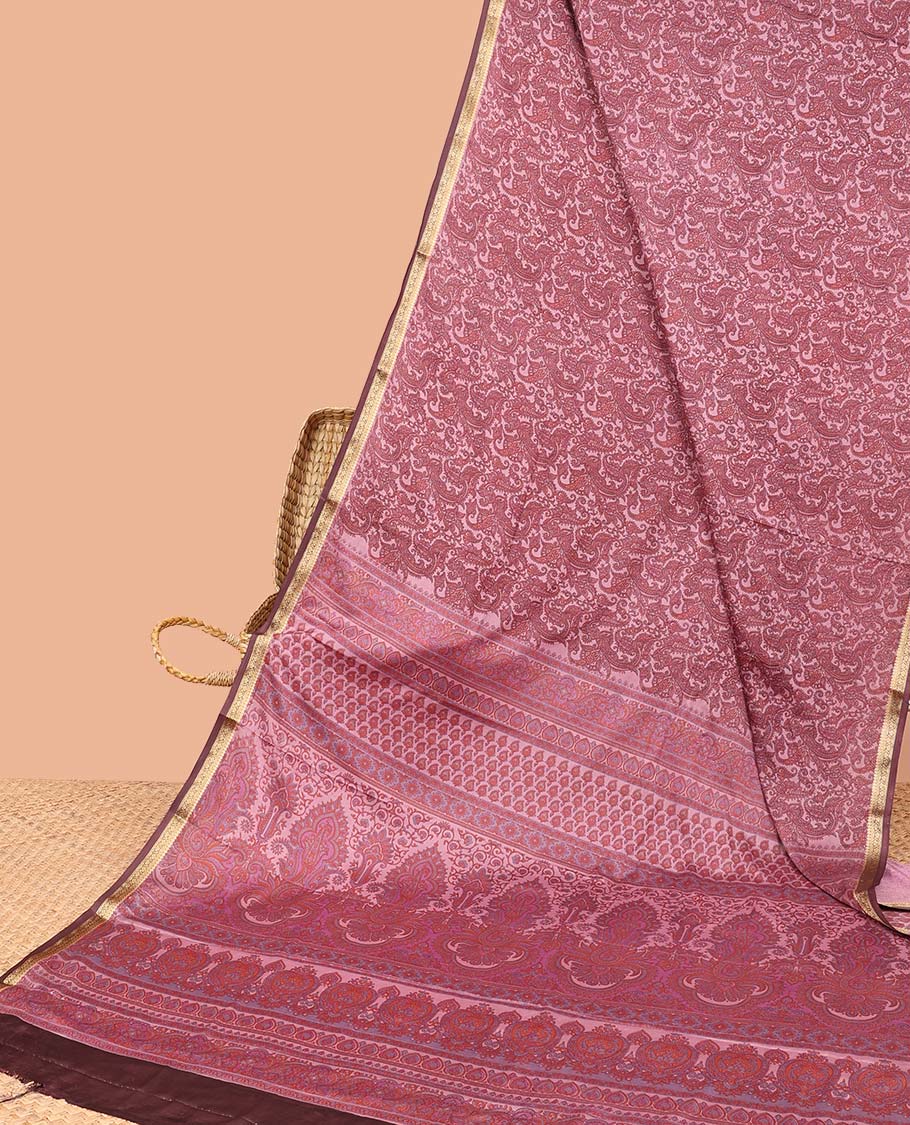 Pink intricate paisley vine semi-banaras printed saree, contrast zari border & intricate printed pallu