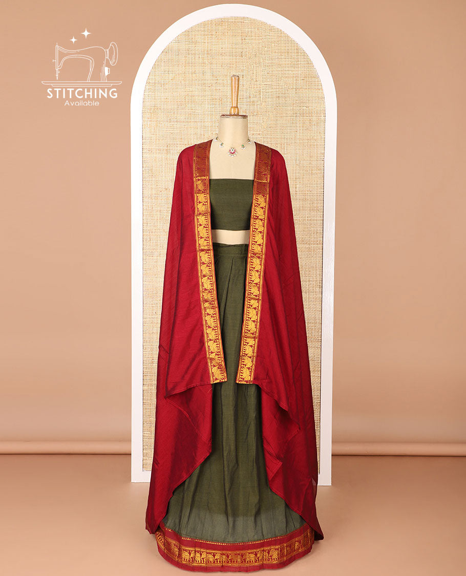 Mehendi green mercerised cotton daman zari border half saree with cotton blouse & skya georgette one side zari border dhavani