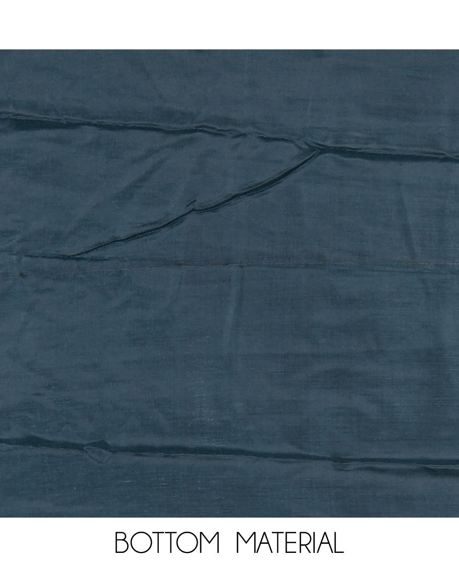 Peacock green material chudidar set, abstract printed with mirrorwork vichitra silk top, santoon bottom, and abstract printed shimmer georgette dupatta