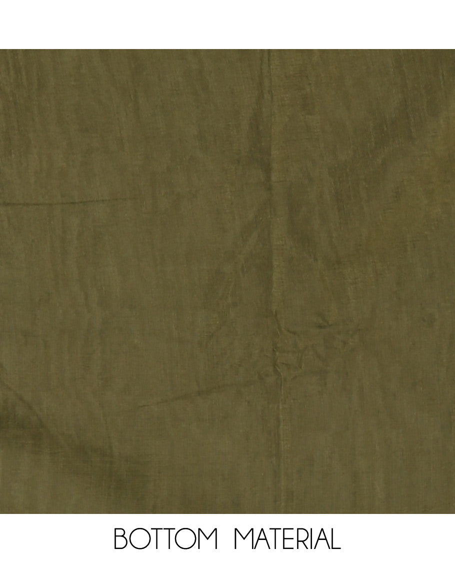 Olive green material chudidar set, horizontal ombre striped semi-tussar top, plain santoon bottom & horizontal ombre striped dupatta with tassels