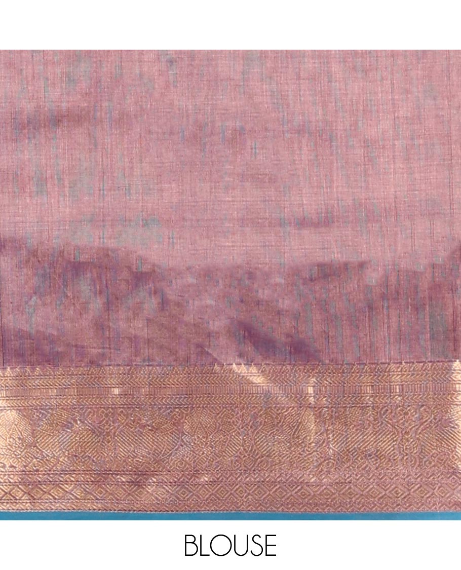 Mauve motifs enclosed with checked cotton silk saree with contrast striped border & zari floral design pallu