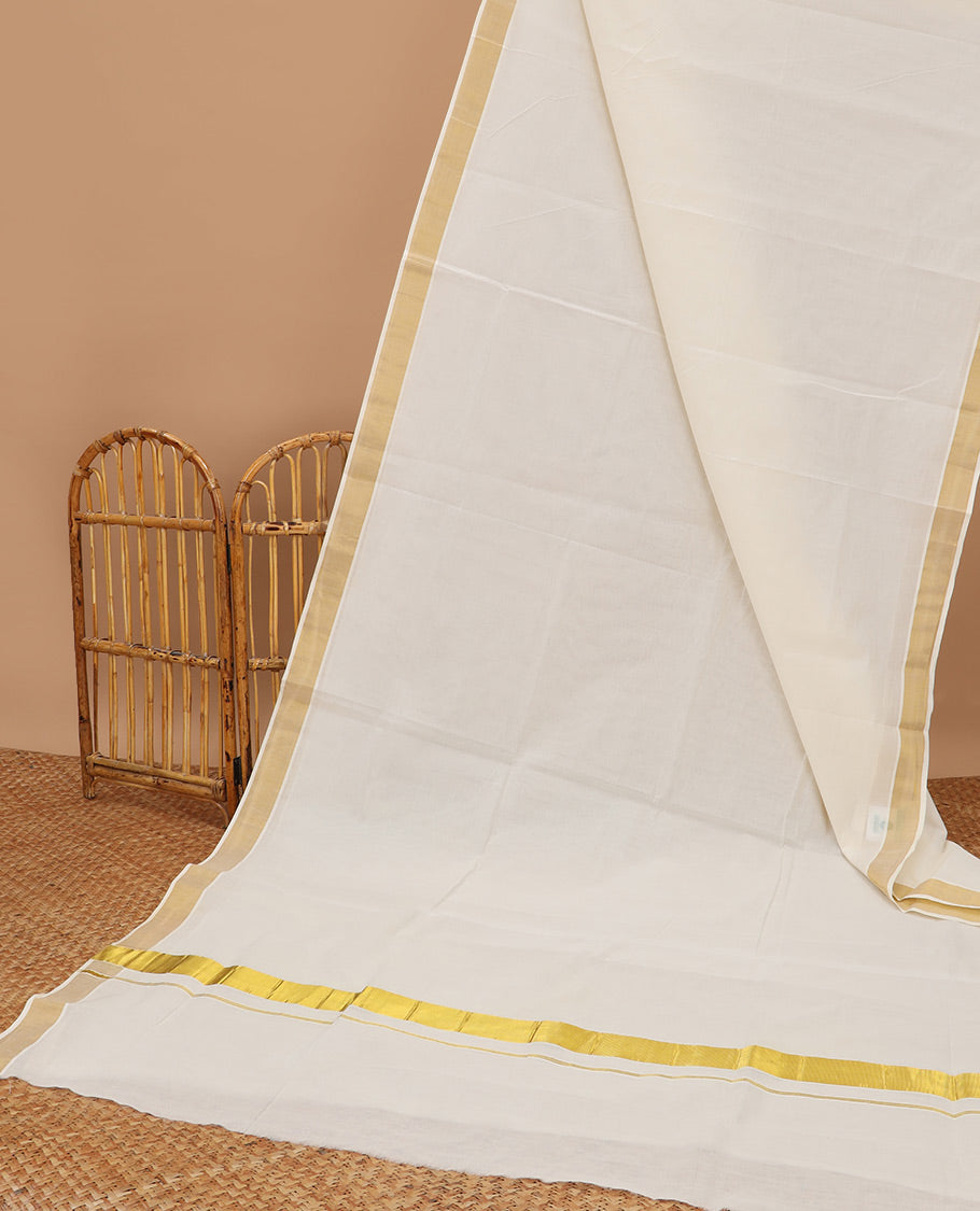 Cream zari buttas kerala saree, zari border & pallu of zari designs