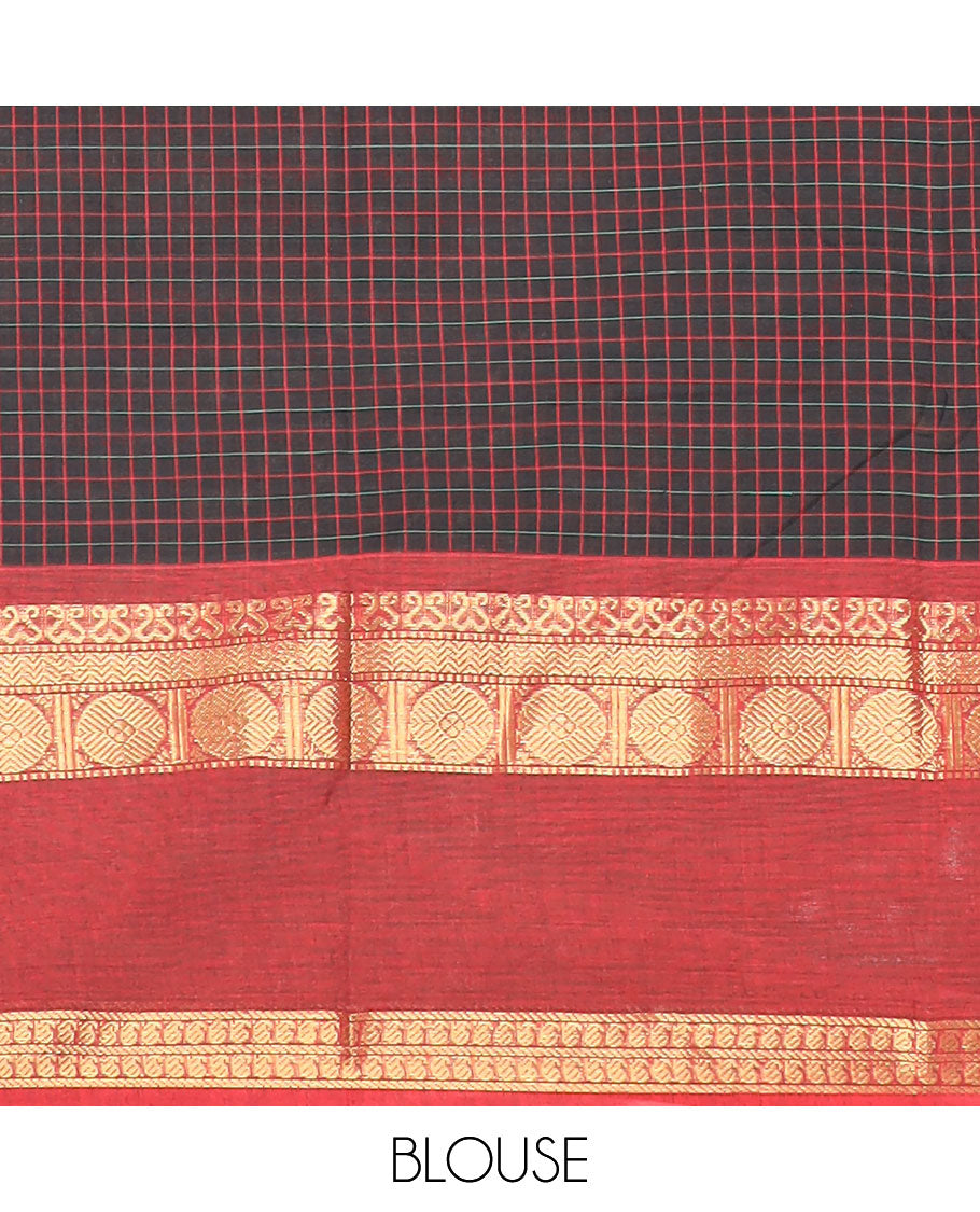 Black checked design chettinad cotton saree with contrast rettai pettu traditinal border & lining chit pallu along with self blouse