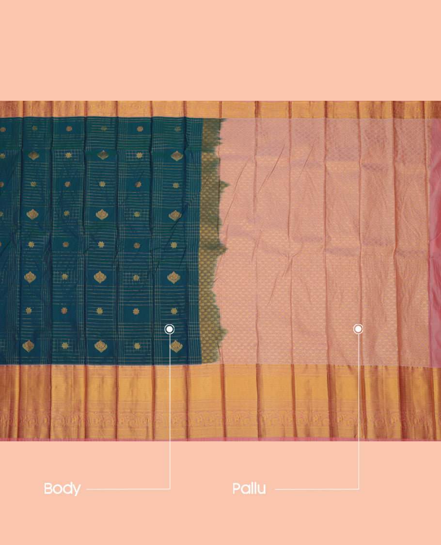 Peacock Blue Budget Silk Saree, Accentuated with Zari Buttas Enclosed Checks, a Contrast Traditional Zari Border, Grand Pallu, and a Contrast Blouse