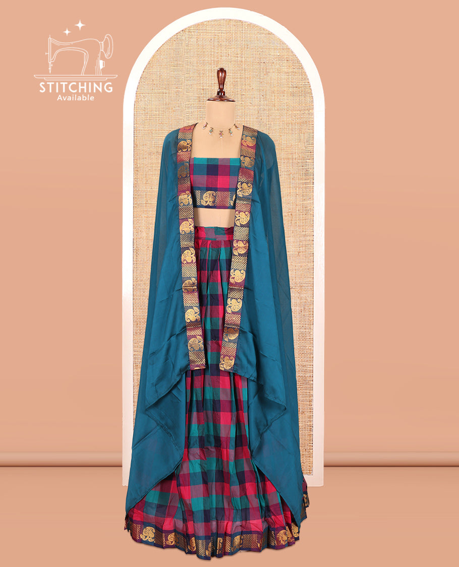 Multi-Color Checked Chettinad Cotton Half-Saree Features a Leaf Zari Border, Matching Blouse, Contrast Dhavani