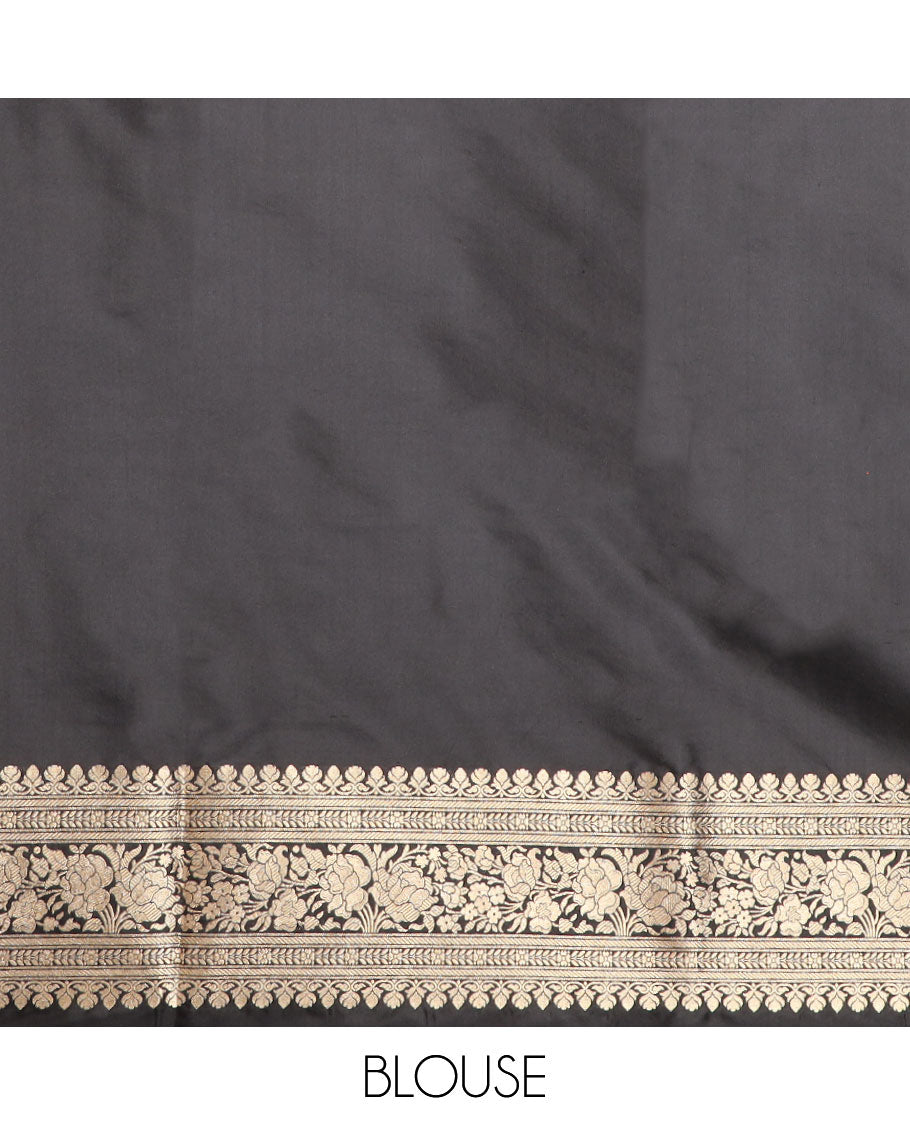 Black floral enclosed ogee design banaras silk saree with sef floral border & floral zari design pallu