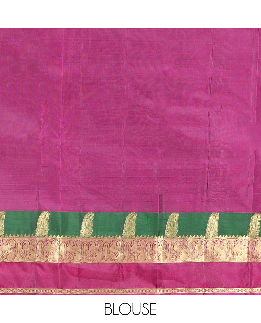 Brown Vasundhara Lite Silk Mix Saree, Graced with Zari Buttas All Over Its Body, Complemented by a Contrast Rettai Pettu Border of Manga, Rekku, Mayil, and Kamalam Designs, Grandly Woven Pallu, and Paired with a Contrast Blouse