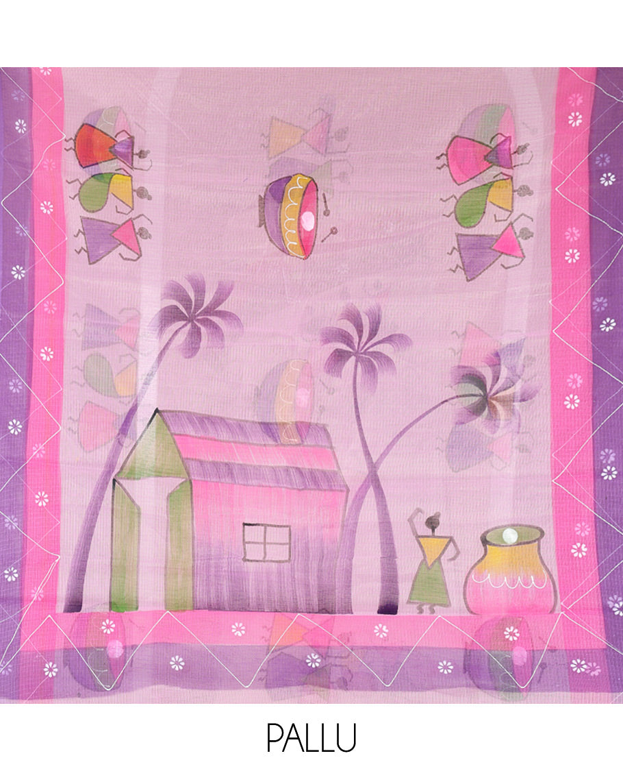 Lavender Kota Doria Saree with Artful Warli Print, a Contrast Border, Village Printed Pallu, and a Matching Blouse