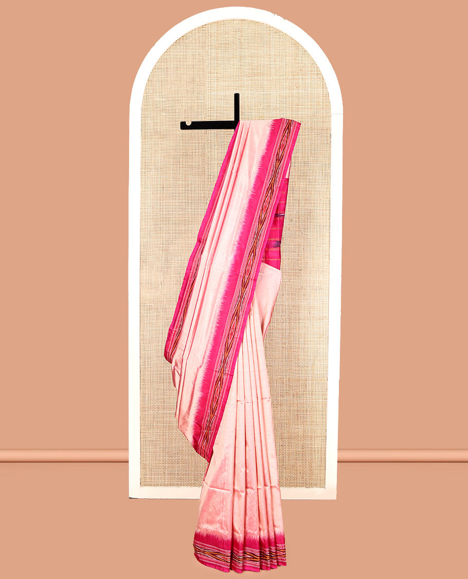 Pink Plain Pochampally Ikat Silk Saree, Complemented by a Contrast Ikat Textured Border, Ikat Pallu, and No Blouse