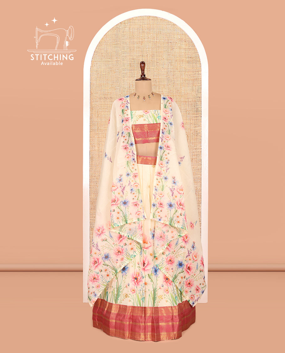 Cream-Rani Pink Semi-Silk Half-Saree Features Floral-Printed Skirt, a Contrast Traditional Border, a Matching Blouse, a Floral Dhavani