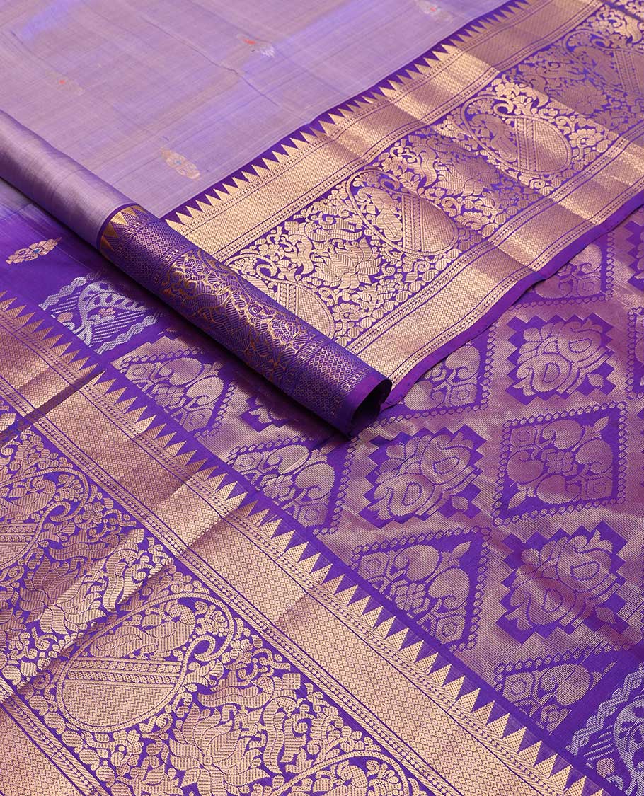 Lavender paisley design uppada saree with contrast intricate zari design border & checked floral design pallu
