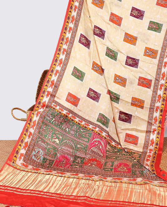 Yellow human motifs semi-banaras printed saree with contrast border & wedding design pallu