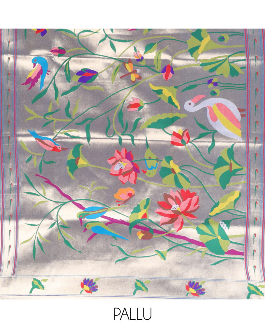 Blue Paithani Art Silk Saree, Accentuated with Flower Buttas All Over Its Body, Highlighted by Zari Temple Border Pictures Colorful Flora-Fauna Designs, Pallu Depicts Colorful Floral and Bird Designs, and Paired with a Matching Blouse