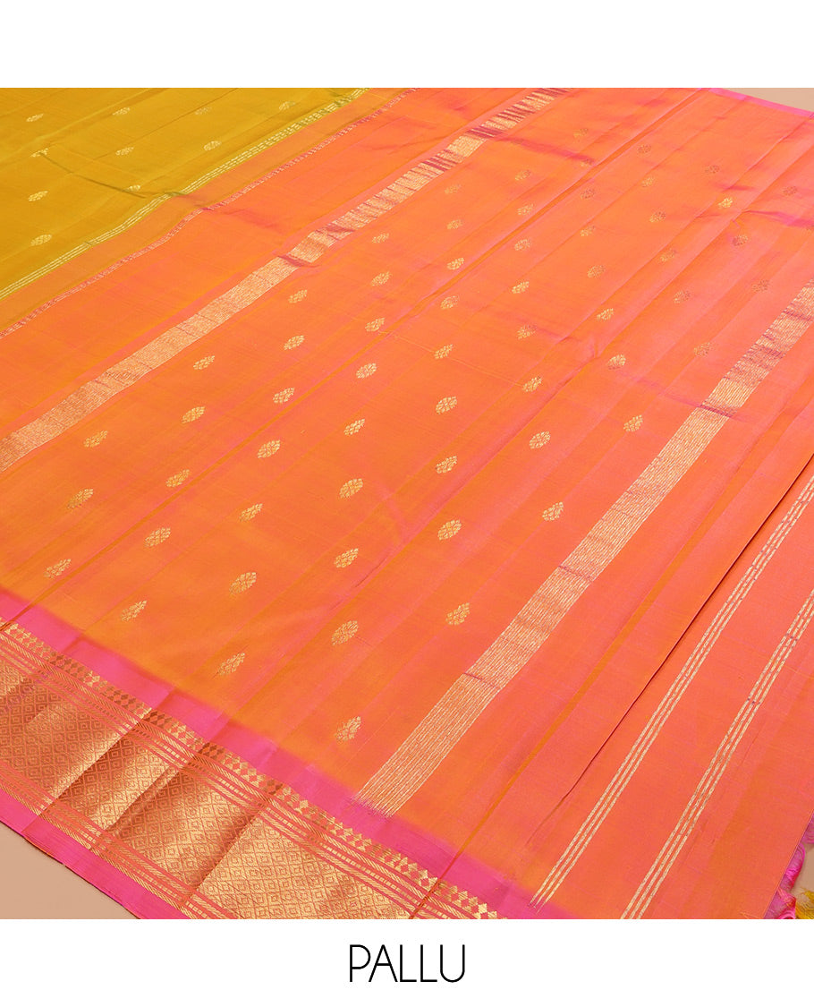 Green Kanchipuram Silk Saree, Sparsely Woven with Zari Buttas, a Contrast One-Sided Border of Panner Sombu, Banaras, Muthu, and Mayil Kann Designs, Zari Design Pallu, and No Blouse