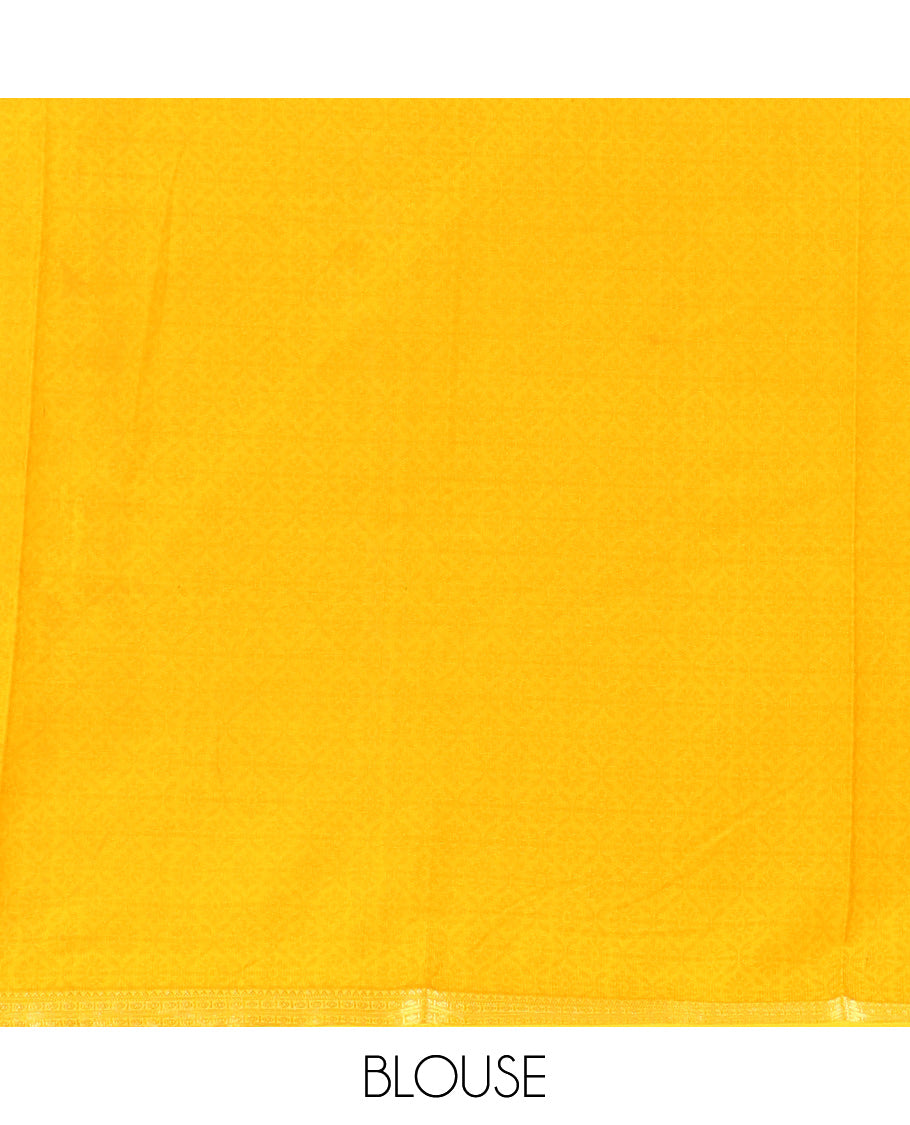 Yellow Printed Silk Saree, Decked Up with Floral Vine Print, a Traditional Zari Border, Floral Pallu, and a Matching Blouse