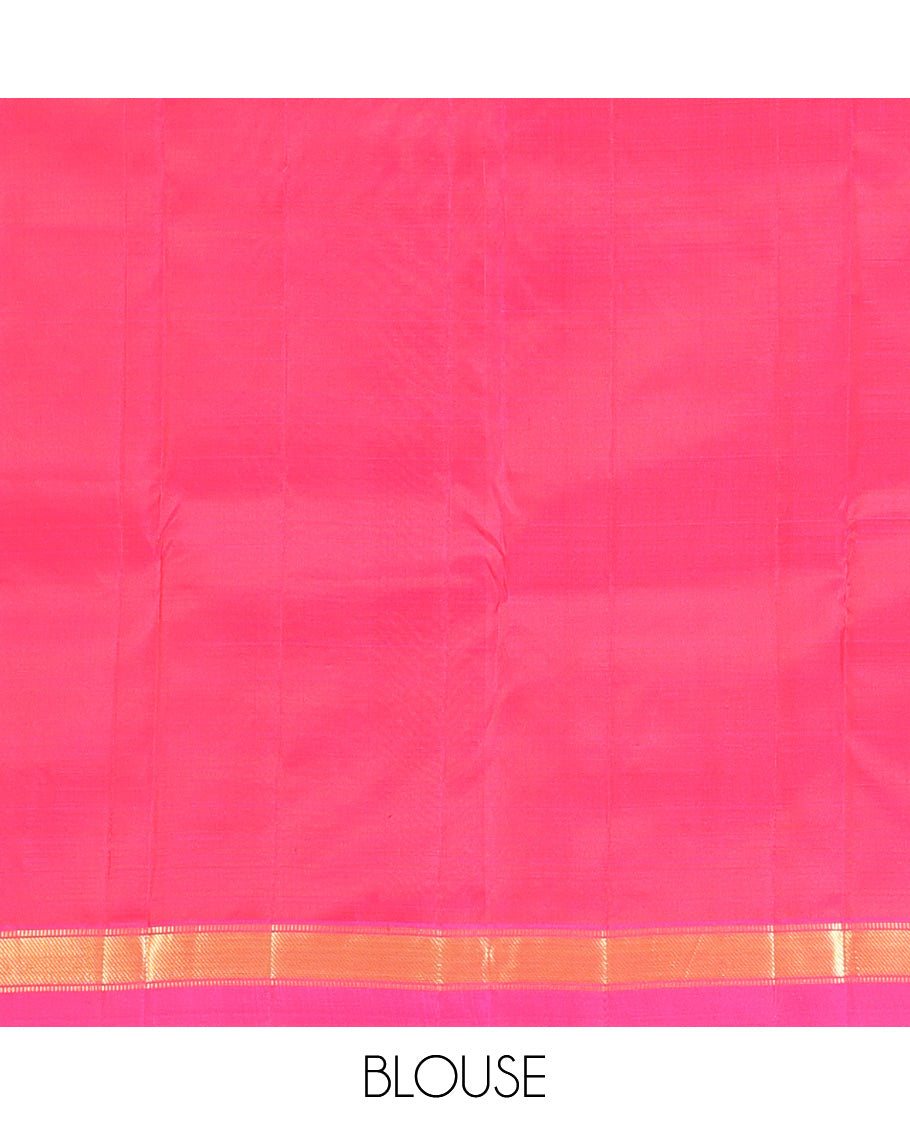 Pink Vasundhara Silk Saree, Subtly Sparkled with Zari Buttas, a Kal Eragina Border of Muthu Designs, Geometric Patterned Pallu, and a Matching Blouse
