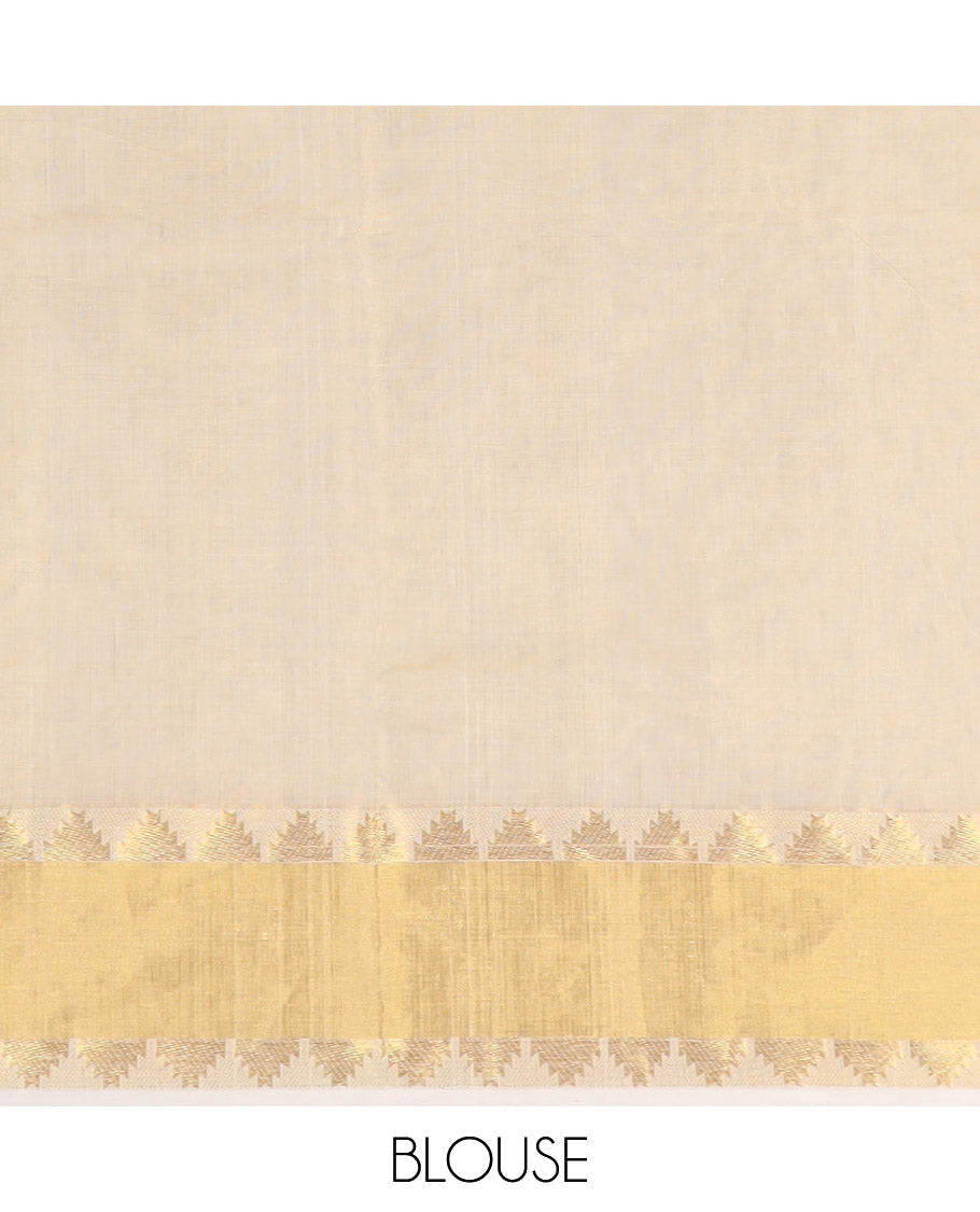 Cream triangle motifs kasavu saree with self temple border & temple design pallu