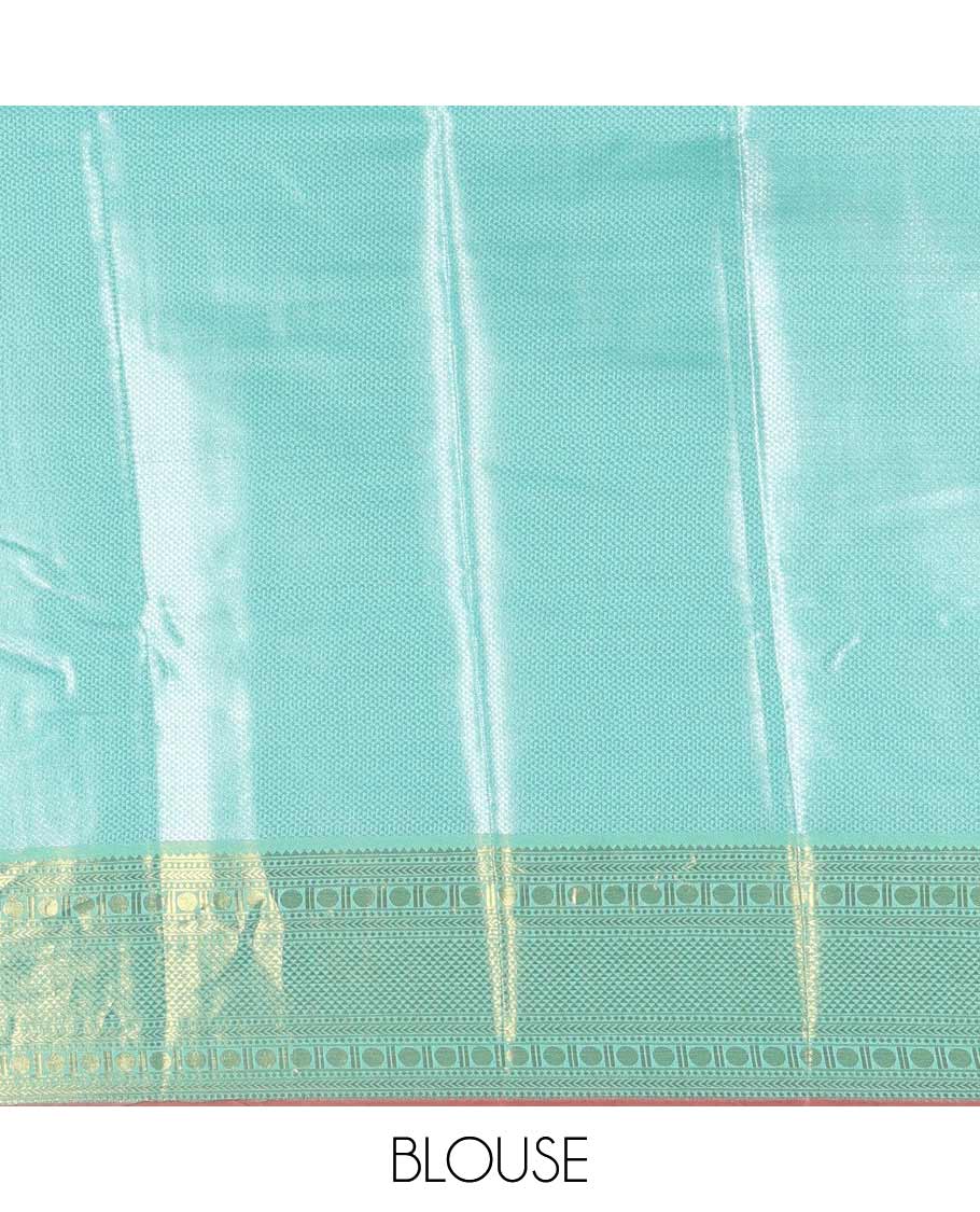 Lavender floral jacquard Kanchi tissue saree, contrast traditional zari design border, gleaming pallu, and a contrast jacquard blouse