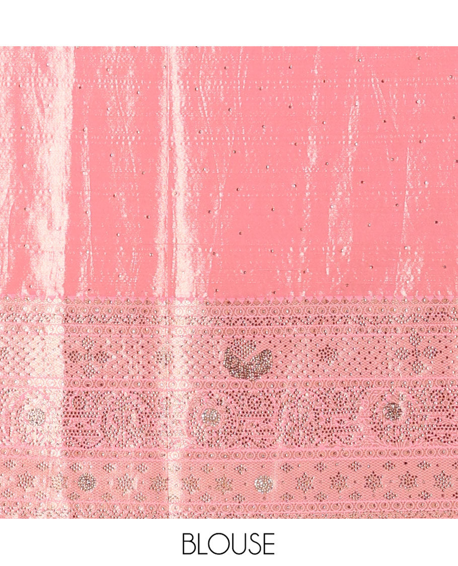 Blue Vastrakala Silk Saree Elegantly Highlighted with Floral Jacquard and Stone Work, Complemented by Contrast Traditional Zari and Stone Embroidered Scallop Border, Mughal-Style Zari Woven Stone Work Pallu, and Paired with Contrast Stone Work Blouse