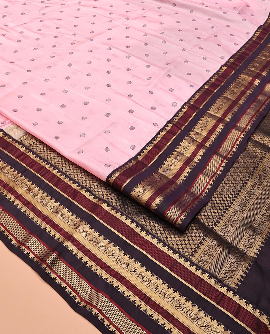 Baby Pink and Coffee Brown Vasundhara Lite Silk Mix Saree, Subtly Adorned with Buttas All Over Its Body, Complemented by Contrast Border of Thazampoo Rekku, Banaras, Jada Nagam, and Ara Maadam Designs, Grand Pallu, and Paired with a Contrast Blouse