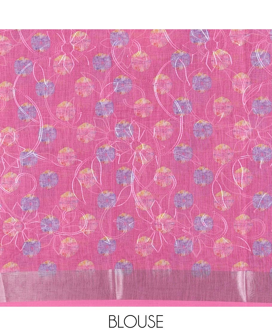 Magenta shibori printed with thread floral vine embroidered linen cotton saree, contrast bavanji border, pallu, and blouse of shibori print with embroidery