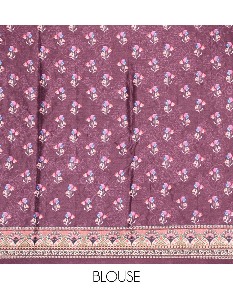 Purple floral printed and mirror work masakali saree, printed border, pallu of intricate print and mirror work, and a matching blouse