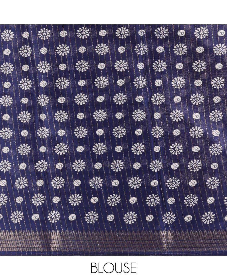 Navy blue golden zari striped & batik-printed dola silk saree, traditional zari border & batik printed pallu & matching batik printed blouse