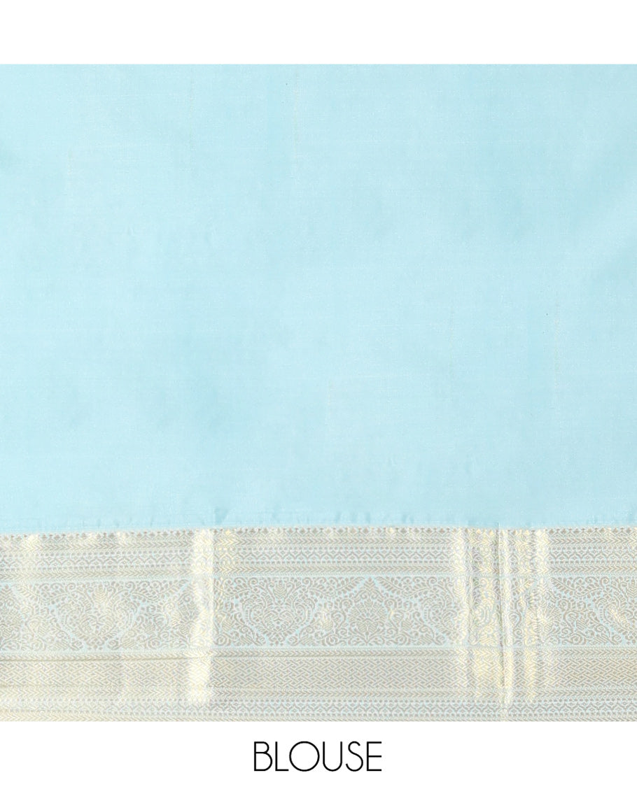 Navy Blue Budget Silk Saree, Embellished with Zari Buttas All Over Its Body, Complemented by a Contrast Traditional Zari Designs Woven Border, Pallu of Intricate Designs, and Paired with a Contrast Blouse