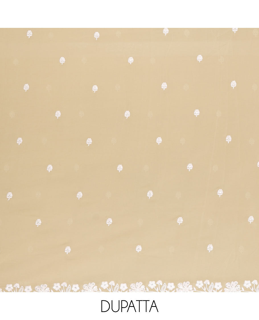 Green material chudidar set, floral thread embroidered georgette top, plain bottom, and floral motifs embroidered scallop georgette dupatta