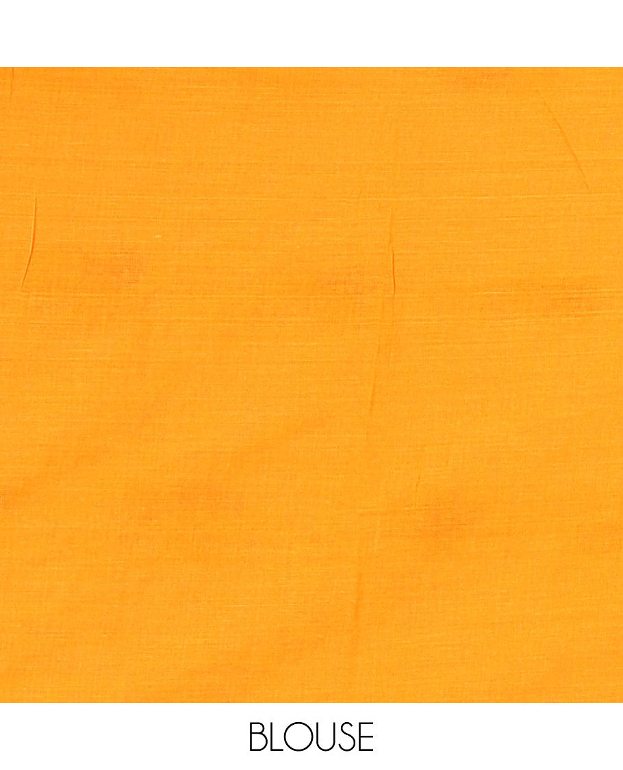 Borderless mustard fish motifs thread embroidered khadi mul cotton saree, fish motifs thread embroidered pallu, and a matching plain blouse