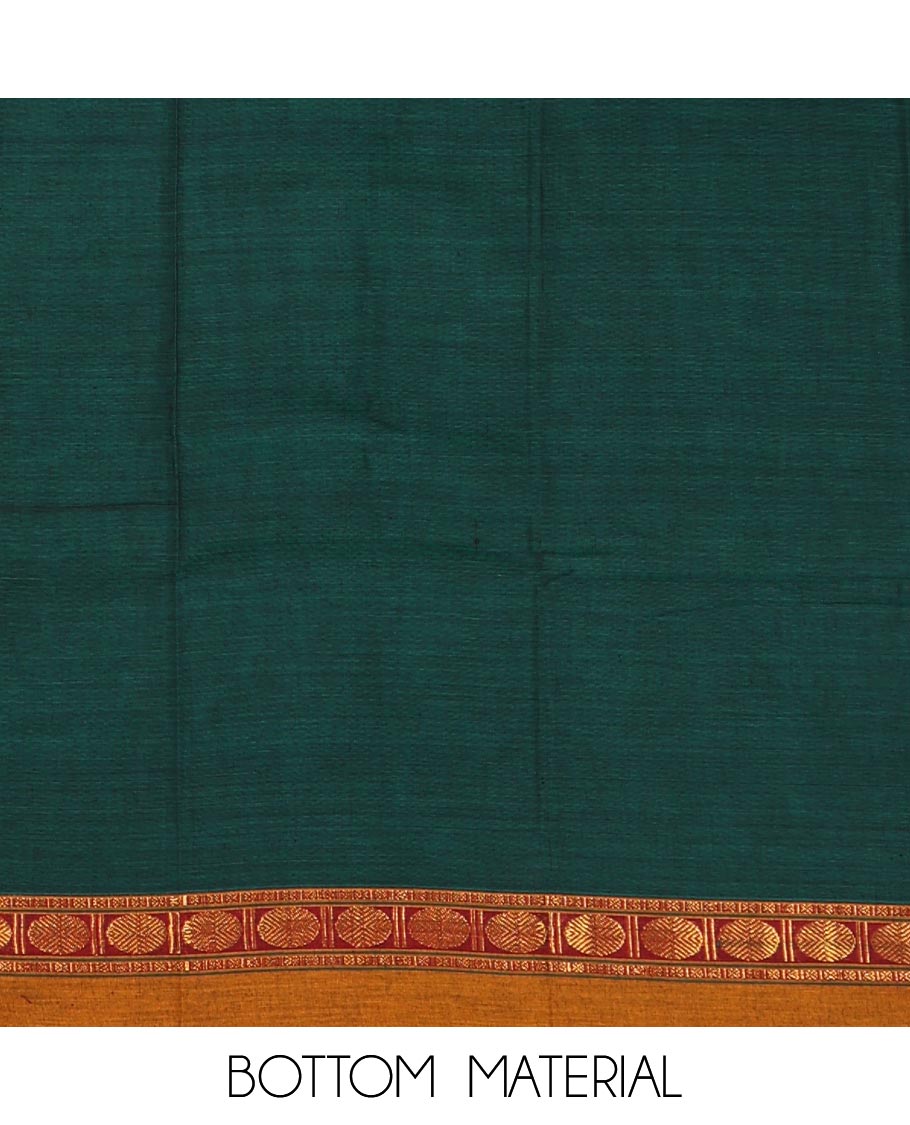 Green mercerized cotton material chudidar set,plain contrast traditional rudraksham border top,matching bottom & 2-sided rudraksham border dupatta