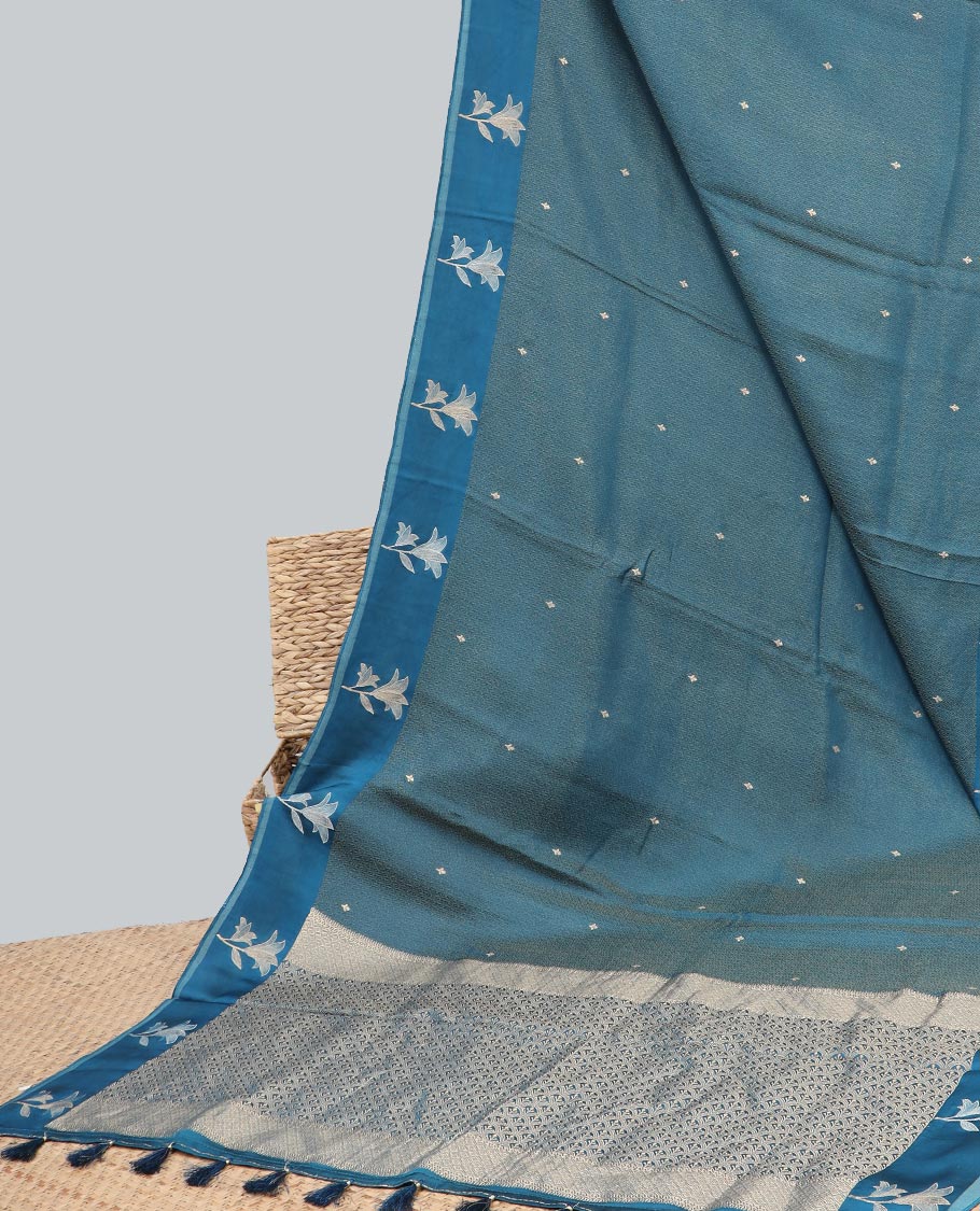 Blue floral design dola silk saree with self floral zari design & intricate zari design pallu