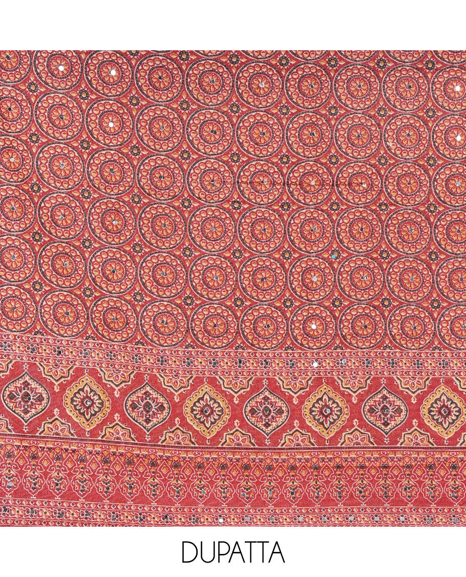 Maroon material chudidar set, plain Vichitra silk top, santoon bottom, and dupatta of Ajrakh print and mirror work