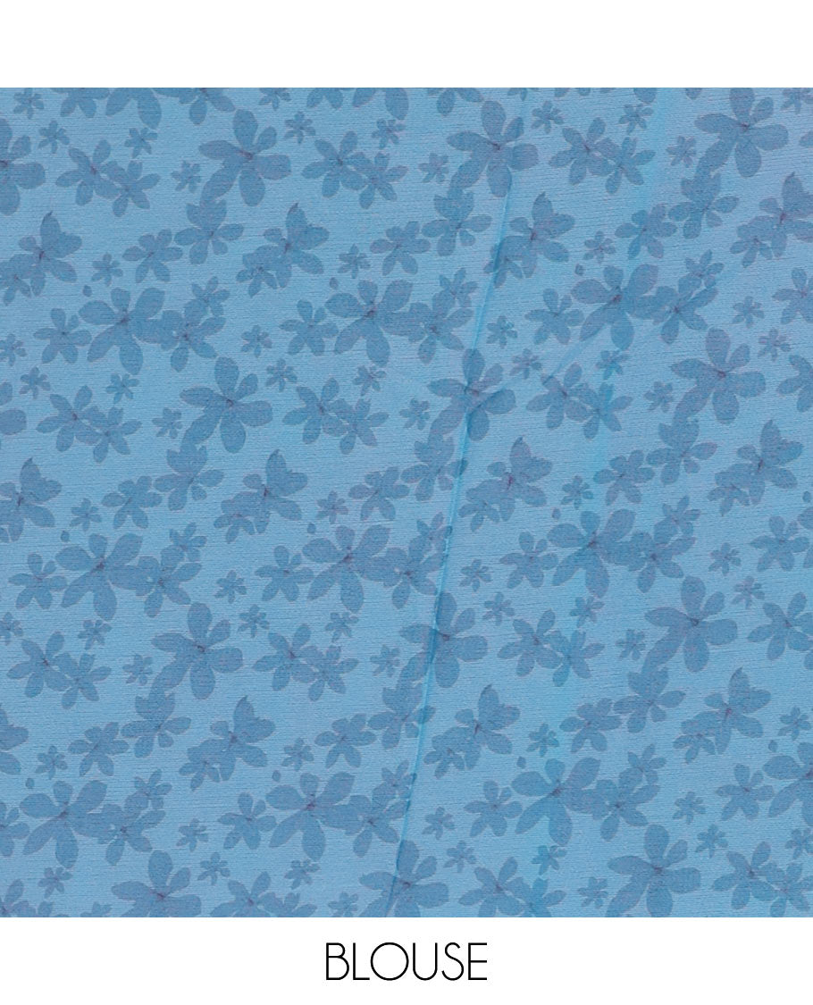 Borderless sky blue plain design viscose saree, flower motifs printed matching blouse