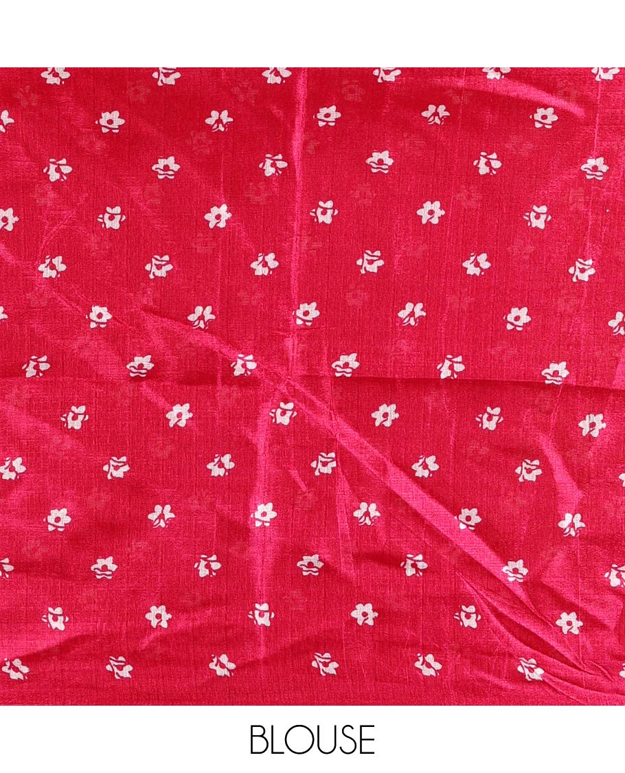 Half-white batik-style floral vine printed khadi cotton saree, contrast rani pink border, batik floral printed, and contrast flower motifs printed blouse