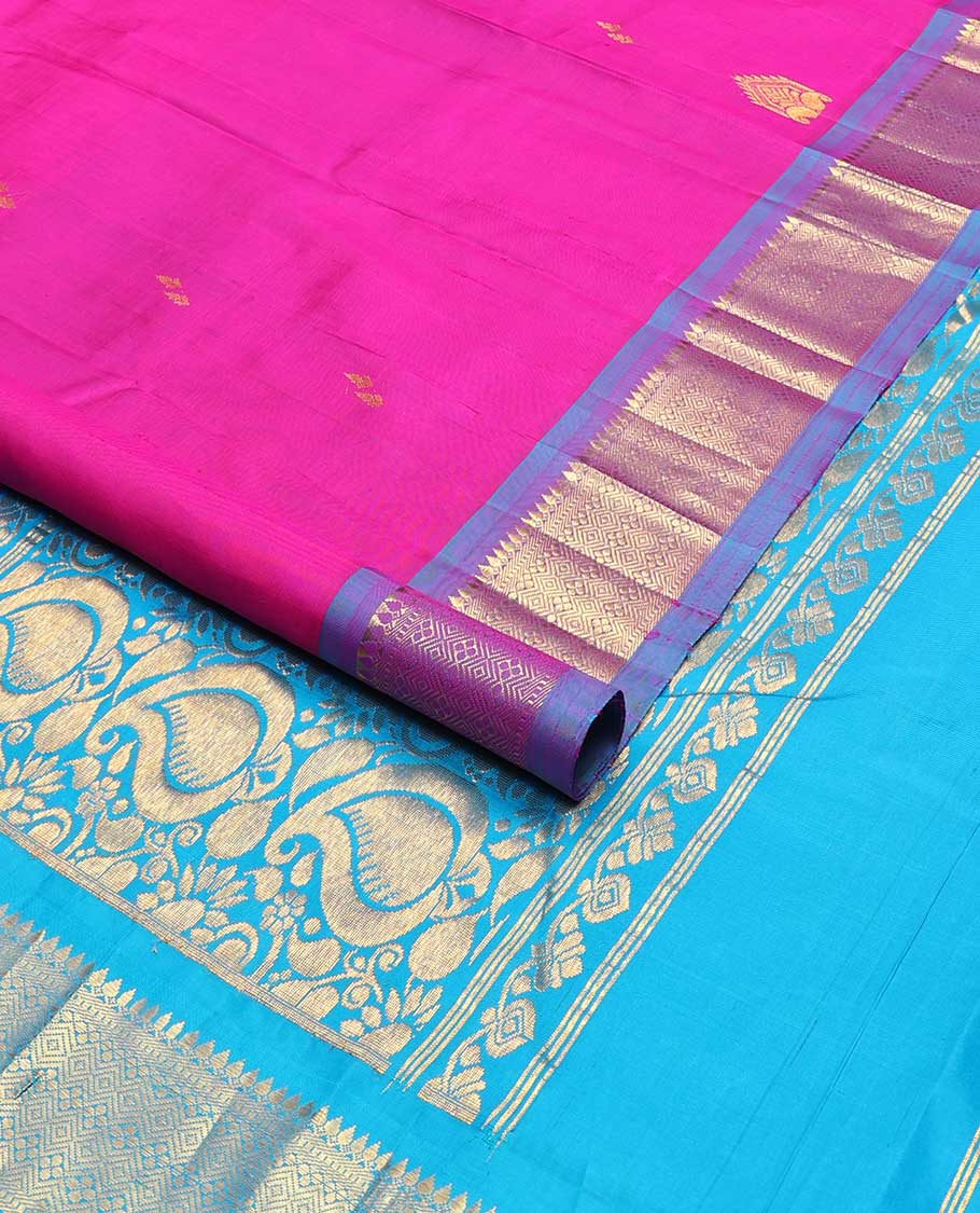 Pink floral buttas kancheepuram silk saree with contrast border of intricate zari design & floral zari design pallu