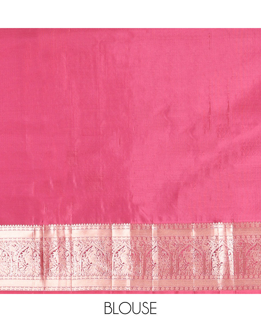 Red jacquard kancheepuram silk saree with self border of rekku, banaras, paun, muthu design & zari design pallu