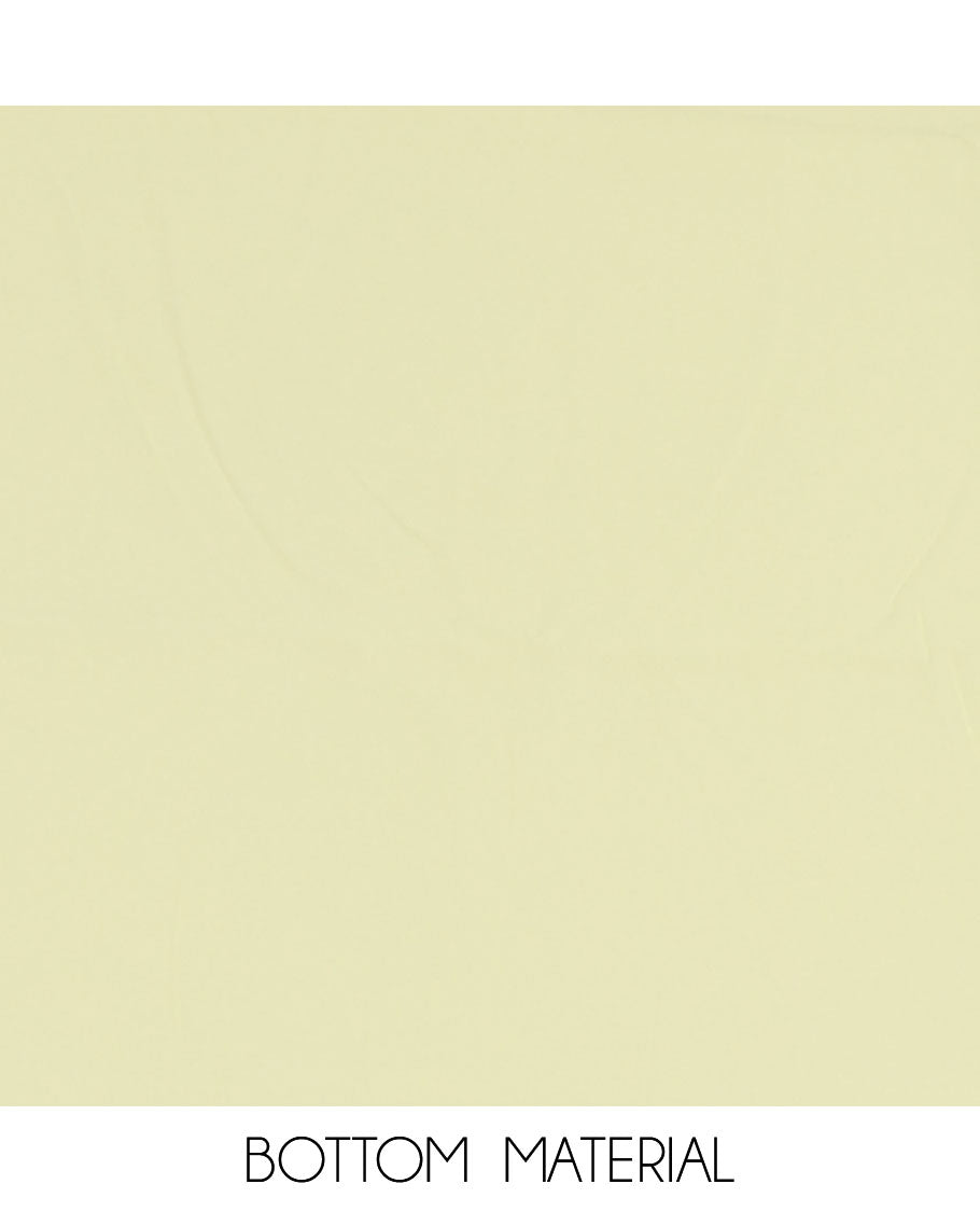 Lime yellow material churidar set, stone work with Schiffli style embroidered georgette top, American Crape bottom, and polka dotted printed mirror work dupatta