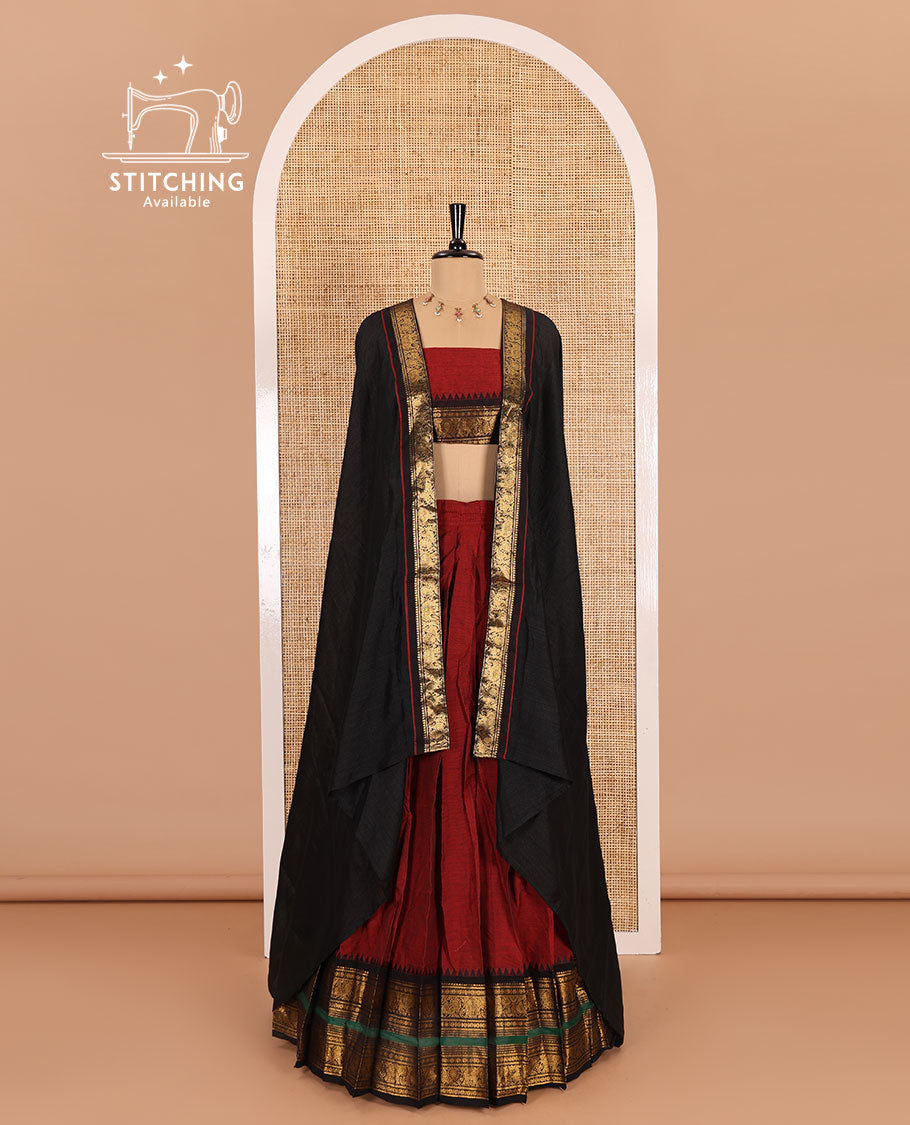 Maroon-black sungudi cotton half-saree, plain with contrast traditional zari varisai pettu bordered skirt, a matching blouse, and a zari bordered dhavani