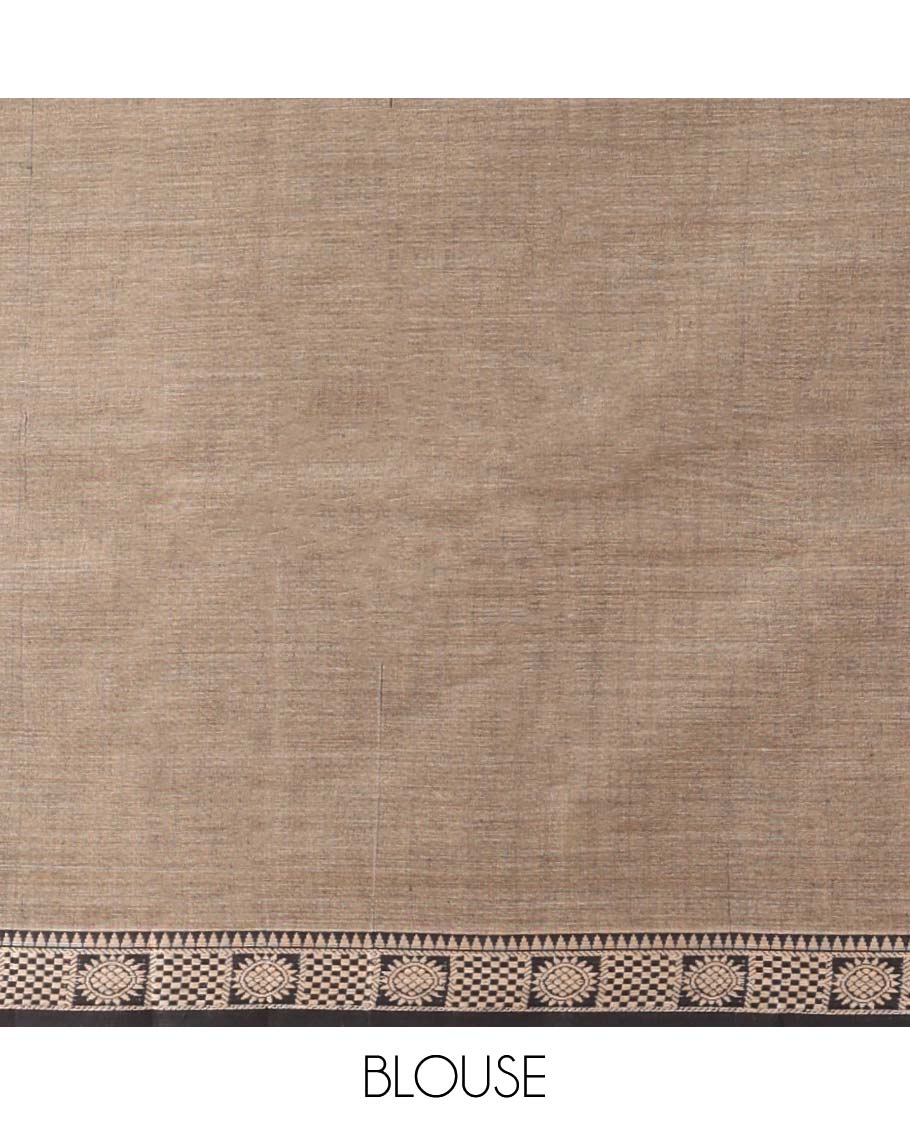 Grey plain design Narayanapet cotton saree, contrast chakram and bentex design border & striped pallu