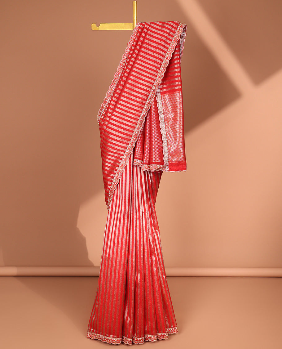 Red striped organza saree with floral embroidery scallop border & checked pallu