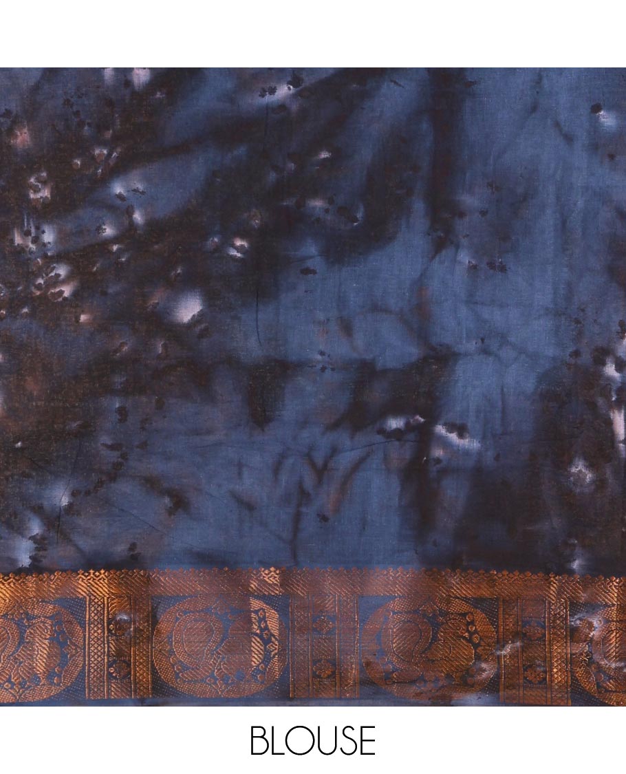 Blue shibori printed pure cotton saree, double side batik printed with traditional motifs border, floral printed pallu, and a shibori printed blouse