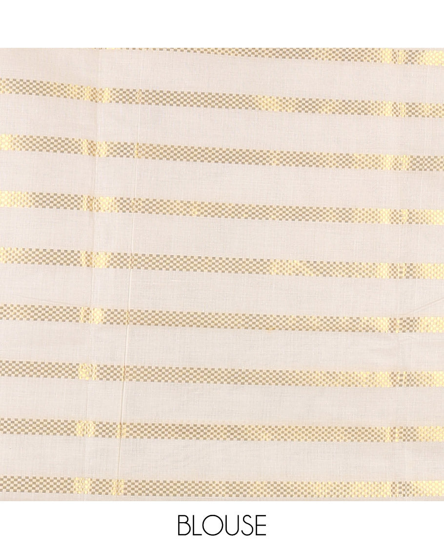 Borderless cream and maroon horizontal zari muthu striped Kerala cotton saree, self-pallu with tassels and a matching blouse