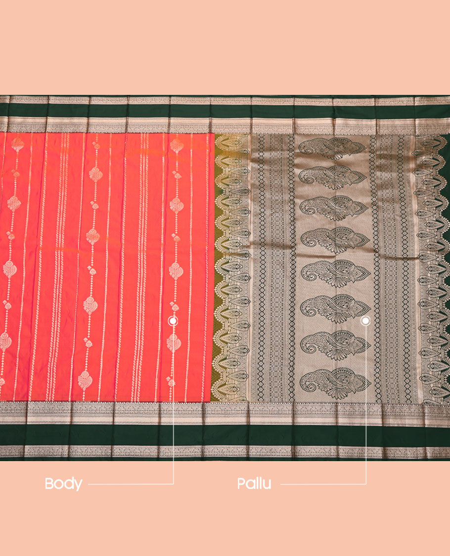 Orange Budget Silk Saree, Elevated with Zari Buttas, Complemented by a Contrast Traditional Zari Rettai Pettu Border, Grand Jaal Pallu, and a Contrast Blouse