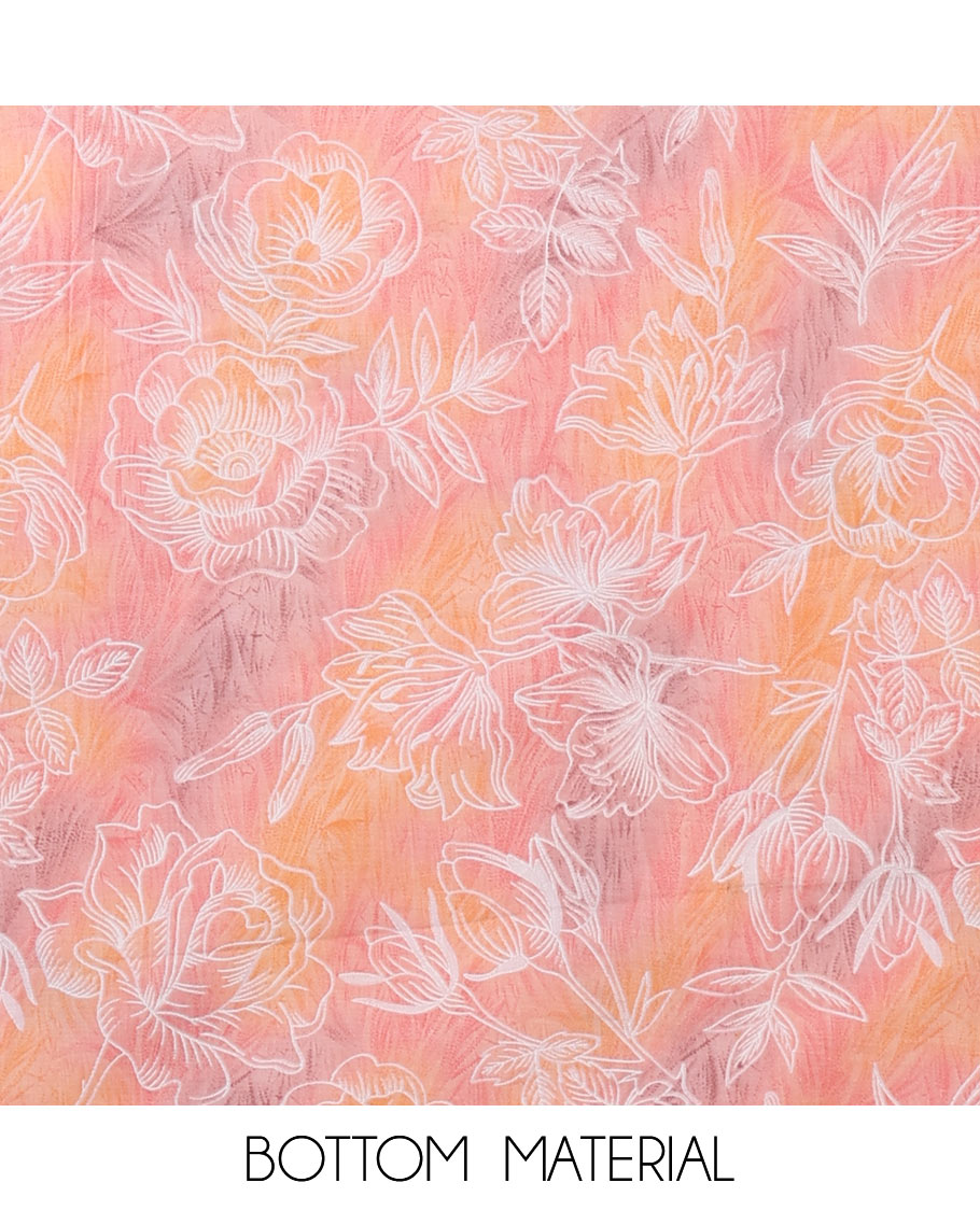 Pink chudidar material set, shibori-print & floral vine chikankari embroidered top,printed cotton bottom & floral chikankari embroidery chiffon dupatta